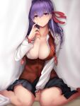  1girl absurdres between_legs blush breasts cleavage collared_shirt dress fate/stay_night fate_(series) hair_ribbon hand_between_legs hand_up highres large_breasts long_hair long_sleeves looking_at_viewer matou_sakura open_mouth partially_unbuttoned photoshop_(medium) piukute062 purple_eyes purple_hair red_ribbon red_vest ribbon school_uniform shirt signature sitting solo undone_neck_ribbon vest wariza white_shirt 