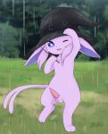  aleuoliver balls clothing eeveelution espeon feral generation_2_pokemon genitals hat hat_only headgear headgear_only headwear headwear_only hi_res holding_object looking_at_viewer male mostly_nude nintendo one_eye_closed penis pink_body pokemon pokemon_(species) raining solo standing video_games 