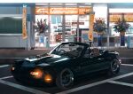  absurdres banner car commentary_request convertible eunos_roadster ground_vehicle highres masa_(siriusu-koko) mazda motor_vehicle night no_humans original outdoors parking_lot shop sports_car 