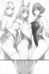  1boy 3girls animal_ears arm_around_waist bangs bare_shoulders blush breasts closed_mouth commentary english_commentary greyscale highres holding_hands interlocked_fingers large_breasts leotard long_hair lvl_(sentrythe2310) medium_breasts monochrome multiple_girls mythra_(xenoblade) nia_(xenoblade) pyra_(xenoblade) short_hair smile thigh_strap thighs xenoblade_chronicles_(series) xenoblade_chronicles_2 