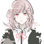  1girl bangs black_jacket collared_shirt danganronpa_(series) danganronpa_2:_goodbye_despair flipped_hair galaga grey_background hair_ornament jacket light_brown_hair lower_teeth nanami_chiaki neck_ribbon open_clothes open_jacket open_mouth pink_eyes pink_ribbon ribbon sen-san_(qianyu82019911) shiny shiny_hair shirt simple_background sketch solo teeth 