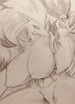 1girl :q body_fur breasts claws closed_mouth fur furry furry_female highres large_breasts long_hair mitsuba-sama_(milkba-ng) monochrome nude pokemon smile solo thighs tongue tongue_out traditional_media zoroark 