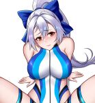  absurdres bare_shoulders blue_bow blue_one-piece_swimsuit blush bow breasts collarbone fate/grand_order fate_(series) grey_hair hair_bow head_tilt highleg highleg_swimsuit highres large_breasts looking_at_viewer looking_up multicolored_clothes multicolored_swimsuit oirin red_eyes sitting spread_legs swimsuit tomoe_gozen_(fate) tomoe_gozen_(swimsuit_saber)_(fate) tomoe_gozen_(swimsuit_saber)_(first_ascension)_(fate) turtleneck_swimsuit two-tone_swimsuit white_one-piece_swimsuit 