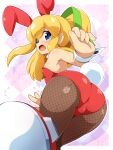  1girl animal_ears ass bare_arms bare_shoulders black_pantyhose blonde_hair blue_eyes breasts fishnet_pantyhose fishnets headband highres konpeto leotard long_hair looking_at_viewer mega_man_(series) open_mouth pantyhose playboy_bunny rabbit_ears rabbit_tail red_headband red_leotard roll_(mega_man) small_breasts solo tail wrist_cuffs 
