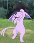  aleuoliver clothing eeveelution espeon female feral generation_2_pokemon genitals hat hat_only headgear headgear_only headwear headwear_only hi_res holding_object looking_at_viewer mostly_nude nintendo one_eye_closed pink_body pokemon pokemon_(species) pussy raining solo standing video_games 