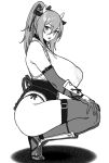  1girl :o ass bangs bare_shoulders breasts elbow_gloves from_side full_body gloves hair_between_eyes highres horns houtengeki huge_breasts long_hair looking_at_viewer monochrome open_mouth original ponytail shadow sidelocks squatting thighhighs thighs 