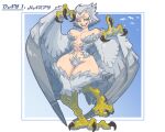  absurd_res avian bangboodoragon breasts claws european_mythology feathered_wings feathers female greek_mythology grey_body grey_feathers grey_hair hair harpy hi_res humanoid looking_at_viewer mammal mostly_nude mythological_avian mythology short_hair simple_background smile solo tail_feathers talons wings yellow_eyes 