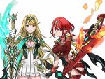  2girls bangs black_gloves blonde_hair breasts chest_jewel cleavage dress elbow_gloves fakaisoko94 fingerless_gloves fire gloves glowing glowing_weapon highres large_breasts long_hair looking_at_viewer multiple_girls mythra_(xenoblade) pyra_(xenoblade) red_eyes red_hair red_shorts short_dress short_hair shorts swept_bangs sword tiara very_long_hair weapon white_dress xenoblade_chronicles_(series) xenoblade_chronicles_2 yellow_eyes 