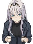  1girl 3_small_spiders an-94_(girls&#039;_frontline) aqua_eyes arms_up bangs black_bodysuit black_hairband blue_jacket bodysuit breasts closed_mouth commentary defy_(girls&#039;_frontline) girls&#039;_frontline grey_hair hair_ornament hairband hairpin highres jacket light_blush long_hair long_sleeves looking_at_viewer open_clothes open_jacket sidelocks small_breasts solo upper_body white_background 