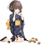  1girl animal_print bird_print brown_eyes brown_hair depth_charge food frown full_body geta hoshiakari_(c2_kikan) japanese_clothes kantai_collection kimono medium_hair official_art ribbon sad short_hair sobbing takoyaki torn_clothes ukuru_(kancolle) yellow_ribbon yukata 