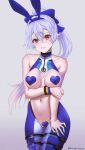  1girl adapted_costume animal_ears arm_under_breasts bangs blue_bow blue_thighhighs blush bow breasts closed_mouth collarbone commentary_request covered_collarbone covered_nipples fake_animal_ears fate/grand_order fate_(series) grey_hair hair_between_eyes hair_bow heart_pasties large_breasts long_hair looking_at_viewer maebari meme_attire navel pasties ponytail rabbit_ears red_eyes revealing_clothes reverse_bunnysuit reverse_outfit revision same_no_fukahire simple_background solo standing thigh_strap thighhighs thighs tomoe_gozen_(fate) tomoe_gozen_(swimsuit_saber)_(fate) tomoe_gozen_(swimsuit_saber)_(first_ascension)_(fate) white_background white_thighhighs 