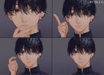  1boy artist_name bangs black_hair chainsaw_man ear_piercing earrings grey_background hair_over_eyes highres jewelry keibleh math_lady_(meme) meme mole mole_under_mouth piercing school_uniform simple_background solo thinking yoshida_hirofumi 