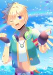  1boy ;d bangs black_gloves blonde_hair blue_eyes blue_sky cloud collarbone commentary_request commission confetti copyright_request crop_top day fingerless_gloves gloves green_jacket hair_between_eyes hands_up headphones headphones_around_neck jacket kou_hiyoyo looking_at_viewer male_focus midriff navel one_eye_closed open_clothes open_jacket outdoors rainbow shirt short_sleeves skeb_commission sky smile solo white_shirt 