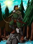  2022 3:4 absurd_res acev archer armor arrow_(weapon) belt black_body black_fur blue_eyes body_armor boots bottomwear bow_(weapon) breastplate brown_body brown_fur buckle canid canine canis cloak clothed clothing collie detailed_background dipstick_tail domestic_dog footwear forest fur gauntlets gloves greaves handwear herding_dog hi_res holding_bow_(weapon) leather leather_boots leather_clothing leather_footwear light looking_up male mammal markings melee_weapon outside pants pastoral_dog plant poleyn quiver ranged_weapon ranger rerebrace rock rorick_kintana rough_collie sheepdog solo standing sunlight sword tail_markings tassets tree water weapon white_body white_fur 
