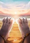  accessory ambiguous_gender ambiguous_species blue_sky cloud faceless_ambiguous faceless_character feet foot_focus hi_res mountain orange_sky penguinexperience signature sky solo sunset water white_body 