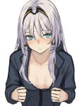  1girl 3_small_spiders an-94_(girls&#039;_frontline) aqua_eyes arms_up bangs black_hairband blue_jacket blush breasts collarbone commentary defy_(girls&#039;_frontline) girls&#039;_frontline grey_hair hair_ornament hairband hairpin highres jacket long_hair long_sleeves looking_at_viewer open_clothes open_jacket open_mouth sidelocks small_breasts solo upper_body white_background 
