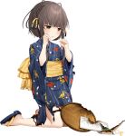  1girl animal_print bird_print brown_eyes brown_hair depth_charge fish food frown full_body geta grilled_fish hoshiakari_(c2_kikan) japanese_clothes kantai_collection kimono medium_hair official_art plate ribbon sad short_hair sobbing torn_clothes ukuru_(kancolle) yellow_ribbon yukata 