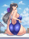  1girl ass back black_hair blue_eyes breasts competition_swimsuit highleg highleg_swimsuit huge_ass huge_breasts kawanuma_uotsuri long_hair one-piece_swimsuit open_mouth original ribbon sky solo swimsuit thick_thighs thighs 