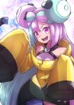  1girl :d bangs character_hair_ornament commentary_request green_hair hair_ornament hands_up highres iono_(pokemon) jacket kotobukkii_(yt_lvlv) long_hair multicolored_hair open_mouth pokemon pokemon_(game) pokemon_sv purple_eyes purple_hair sharp_teeth shirt sleeveless sleeveless_shirt sleeves_past_fingers sleeves_past_wrists smile solo teeth tongue two-tone_hair yellow_jacket 