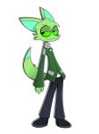  absurd_res anthro bottomwear canid canine clothing coat footwear fox full-length_portrait fur green_body green_clothing green_eyes green_fur hi_res male mammal pants portrait shoes simple_background solo tall tall_male tired tired_eyes topwear trinitro_stropher trinitroid villainous 