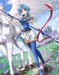  1girl armor blue_eyes blue_gloves blue_hair blue_thighhighs boots breastplate commission dress dutch_angle feathered_wings fingerless_gloves fire_emblem fire_emblem:_the_binding_blade fire_emblem_heroes gloves highres holding holding_polearm holding_weapon horse kakiko210 looking_at_viewer miniskirt pauldrons pegasus pegasus_knight_uniform_(fire_emblem) pegasus_wings polearm short_dress short_hair shoulder_armor skeb_commission skirt solo spear thea_(fire_emblem) thigh_boots thighhighs weapon white_horse white_skirt wings 