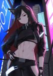  1girl absurdres ambience_synesthesia animal_ear_fluff animal_ears arknights black_hair black_jacket black_pants black_shirt breasts city closed_mouth colored_inner_hair contrapposto cowboy_shot crop_top cropped_jacket hand_on_hip highres hip_vent jacket long_hair long_sleeves looking_at_viewer multicolored_hair navel neon_lights night official_alternate_costume open_clothes open_jacket outdoors pants red_eyes red_hair shirt siguya small_breasts solo stomach texas_(arknights) toned very_long_hair wolf_ears 