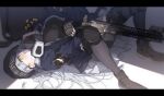  agent_416_(girls&#039;_frontline) armband assault_rifle black_pantyhose boots facial_mark girls&#039;_frontline green_eyes grey_hair gun h&amp;k_hk416 highres hk416_(girls&#039;_frontline) jacket knee_pads long_hair lying mask mask_around_neck on_back p416 pantyhose plaid plaid_skirt respirator rifle skirt tai_san_ps4 teardrop teardrop_tattoo thigh_strap tom_clancy&#039;s_the_division weapon woollen_cap 