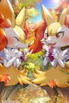 2girls :3 :t ^_^ animal_ear_fluff animal_ears animal_nose artist_name autumn_leaves black_fur blue_sky blush body_fur braixen chewing chromatic_aberration closed_eyes closed_mouth commentary_request crumbs day eating ekm english_text falling_leaves fangs flat_chest food food_bite food_on_face fox_ears fox_girl fox_tail fur_collar furry furry_female grass hands_up happy highres holding holding_food leaf maple_leaf multicolored_fur multiple_girls open_mouth outdoors own_hands_together partial_commentary pokemon pokemon_(creature) red_eyes sky smile snout standing steam sunlight sweet_potato tail tree watermark white_fur wide_hips yellow_fur 