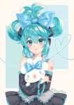  1girl bangs bare_shoulders black_skirt black_sleeves bow cinnamiku cinnamoroll collared_shirt commentary detached_sleeves frilled_sleeves frills green_bow green_eyes green_hair grey_shirt hair_between_eyes hair_ornament hatsune_miku headphones highres holding huge_bow pleated_skirt sanrio shiny shiny_hair shirt shoulder_tattoo skirt smile solo tattoo tomathao upper_body vocaloid 