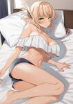  1girl aegis_(takunomi) bangs bare_legs bare_shoulders bed bed_sheet blonde_hair blue_shorts breasts camisole cleavage closed_mouth commentary_request commission crop_top crop_top_overhang enjo_kouhai feet_out_of_frame frills green_eyes hair_ornament head_on_pillow highres indoors large_breasts long_hair looking_at_viewer lying navel on_bed on_side pillow pointy_ears ponytail pregnancy_test raised_eyebrows short_shorts shorts sidelocks skeb_commission solo spaghetti_strap stomach takunomi underboob 