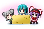  3girls animal_ears black_headwear blue_capelet blue_eyes blue_hair bow bowtie capelet cheese closed_mouth food grey_hair hat hat_bow heterochromia ichimi looking_at_viewer mouse_ears multiple_girls nagae_iku nazrin purple_hair red_bow red_bowtie red_eyes short_hair smile tatara_kogasa touhou 