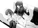  2girls :t alternate_hair_length alternate_hairstyle arknights ass bangs bdsm blush closed_eyes coat couch detached_wings energy_wings exusiai_(arknights) greyscale halo kataokasan kneehighs long_hair long_sleeves lying monochrome mostima_(arknights) motion_lines multiple_girls no_pants on_couch on_stomach one_side_up pout shirt sitting slap_mark socks spanking thighhighs trembling wings 