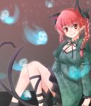  1girl :3 animal_ears blush bow braid breasts cat_ears cat_tail cleavage extra_ears fang fang_out feet_out_of_frame highres kaenbyou_rin knees_together_feet_apart leg_ribbon multiple_tails nekomata oshiaki pointy_ears red_eyes red_hair ribbon sitting smile solo tail touhou twin_braids two_tails 