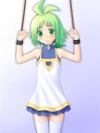  1girl artist_request bad_source blush bound bound_wrists breasts dress gradient gradient_background green_eyes green_hair kneehighs looking_at_viewer marona_(phantom_brave) open_mouth petite phantom_brave restrained short_hair simple_background small_breasts socks solo white_dress white_socks worried 