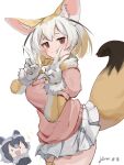  2girls animal_ears blonde_hair blush bow bowtie brown_eyes commentary common_raccoon_(kemono_friends) elbow_gloves extra_ears fennec_(kemono_friends) fox_ears fox_girl fox_tail fur_collar fur_trim gloves grey_hair highres kemono_friends multicolored_hair multiple_girls noor7 pink_sweater pleated_skirt puffy_short_sleeves puffy_sleeves raccoon_ears raccoon_girl short_hair short_sleeves skirt sweater tail thighhighs two-tone_gloves two-tone_hair v white_gloves white_hair white_skirt yellow_bow yellow_bowtie yellow_gloves yellow_thighhighs zettai_ryouiki 