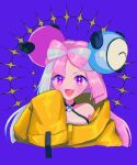  1girl :d blush character_hair_ornament commentary_request grey_hair hair_ornament hand_up iono_(pokemon) jacket long_hair looking_at_viewer misaki_emiru multicolored_hair open_mouth pink_hair pokemon pokemon_(game) pokemon_sv purple_background purple_eyes shirt sleeveless sleeveless_shirt sleeves_past_fingers sleeves_past_wrists smile solo sparkle star_(symbol) star_in_eye symbol_in_eye two-tone_hair upper_body yellow_jacket 