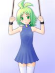  1girl artist_request bad_source blue_dress blush bound bound_wrists breasts dress gradient gradient_background green_eyes green_hair kneehighs looking_at_viewer marona_(phantom_brave) open_mouth petite phantom_brave restrained short_hair simple_background small_breasts socks solo white_socks worried 