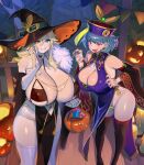  absurdres bangs blue_hair breasts china_dress chinese_clothes cleavage cleavage_cutout clothing_cutout covered_nipples dress enta_(nia) gigantic_breasts halloween halloween_costume hat highres huge_breasts jiangshi_costume long_hair looking_at_viewer navel nia_(nia4294) ofuda original purple_eyes short_hair smile thick_thighs thighhighs thighs wide_hips witch 