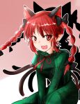  1girl :d animal_ears bow braid cat_ears cat_tail dress drop_shadow extra_ears fang green_dress hair_bow highres kaenbyou_rin multiple_tails nekomata oshiaki pointy_ears red_eyes red_hair smile solo tail touhou twin_braids two_tails 