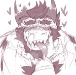  &lt;3 absurd_res anthro beard black_hair bodily_fluids breath chest_tuft clothed clothing cum cum_in_mouth cum_inside cum_on_face dragon duo facial_hair genital_fluids good_boy hair hi_res horn jugger_(character) juggermelon long_tongue male male/male monochrome muscular muscular_anthro muscular_male open_clothing open_shirt open_topwear panting pecs red_body shirt solo suspenders tongue topwear tuft 