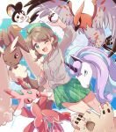  1girl ;d ahoge animal_ears bangs blue_eyes body_fur border brown_fur brown_hair clenched_hand cloud commentary dutch_angle emolga forehead frilled_skirt frills furry galarian_rapidash gloria_(pokemon) green_eyes green_headwear green_skirt highres holding looking_at_viewer lopunny lurantis momon_mc one_eye_closed open_mouth palossand parted_bangs pink_eyes pleated_skirt poke_ball pokemon pokemon_(creature) pokemon_(game) pokemon_swsh rabbit_ears red_eyes shadow skirt sky smile solo sparkle talonflame two-tone_fur v-shaped_eyebrows white_border yellow_fur 