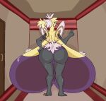  2022 anthro barefoot behind_view bibs_(mitch-kun) big_breasts big_butt bra breasts butt clothed clothing cutiefly digital_media_(artwork) feet female fleur-de-lis generation_7_pokemon gesture hallway huge_breasts hyper hyper_breasts interior_background looking_at_viewer looking_back looking_back_at_viewer mitch-kun_(artist) nintendo panties pokemon pokemon_(species) pokemorph solo underwear v_sign video_games wide_hips 