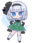  1girl black_bow black_bowtie black_footwear black_hairband black_ribbon blue_eyes bob_cut bow bowtie breasts collared_shirt full_body green_skirt green_vest grey_hair hair_ribbon hairband highres hitodama katana konpaku_youmu konpaku_youmu_(ghost) medium_breasts miniskirt op_na_yarou ribbon scabbard sheath sheathed shirt shoes short_hair short_sleeves simple_background skirt skirt_set small_breasts smile socks solo sword touhou vest wakizashi weapon white_background white_shirt white_socks 