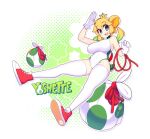  1girl :d bare_arms bare_shoulders blonde_hair blue_eyes breasts character_name commentary crown english_commentary fizintine gloves gradient_hair green_hair hair_bun large_breasts leotard looking_at_viewer mario_(series) mini_crown multicolored_hair new_super_mario_bros._u_deluxe open_mouth princess_yoshi shoes smile sneakers solo super_crown thighhighs white_gloves white_thighhighs 