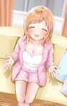  1girl ^_^ ^o^ blurry blurry_background blush breasts cleavage closed_eyes collarbone couch highres idolmaster idolmaster_shiny_colors incoming_hug jacket light_brown_hair maruno_zzz medium_breasts medium_hair on_couch pink_jacket pink_shorts reaching_out sakuragi_mano shirt shorts sitting smile solo white_shirt 
