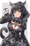  1girl animal_ears animal_on_arm arm_up avatar_(ff14) bangs bird black_tail breasts cat_ears cat_tail cleavage diamond-shaped_pupils diamond_(shape) earrings final_fantasy final_fantasy_xiv grey_eyes jewelry long_hair looking_at_viewer medium_breasts miqo&#039;te parted_lips penguin ponytail single_earring solo symbol-shaped_pupils tail ten_(tenchan_man) 