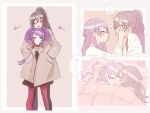  2girls ? blanket blush closed_eyes closed_mouth coat expressionless hand_on_another&#039;s_cheek hand_on_another&#039;s_face hands_in_pockets highres hug idolmaster idolmaster_shiny_colors long_hair lying multiple_girls open_clothes open_coat open_mouth paddy_field pillow purple_eyes purple_hair shared_clothes shirase_sakuya shirt short_twintails skirt smile speech_bubble standing tanaka_mamimi thought_bubble translation_request twintails under_covers very_long_hair white_shirt yellow_eyes yuri 