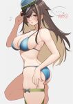  ... 1girl ash_arms ass bare_shoulders bikini blue_bikini blush breasts brown_hair cleavage from_side hat hat_tip j2m_raiden_(ash_arms) jitome large_breasts looking_at_viewer multicolored_hair red_eyes simple_background skindentation solo speech_bubble spoken_blush spoken_ellipsis standing standing_on_one_leg strap_gap streaked_hair swimsuit thigh_strap two-tone_hair warashi white_background 