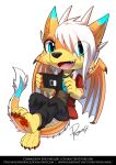  anthro black_nose blue_body blue_eyes chibi clothed clothing dipstick_ears dragon eye_through_hair glistening glistening_eyes hair holding_nintendo_switch horn looking_at_viewer male membrane_(anatomy) membranous_wings multicolored_ears nintendo nintendo_switch open_mouth open_smile orange_body pawpads penguinexperience pink_tongue red_pawpads signature simple_background smile solo text tongue translucent translucent_hair url video_games white_background white_hair white_horn white_wings wings yellow_body 