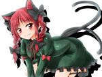  1girl :3 all_fours animal_ears blush bow braid cat_ears cat_tail dress drop_shadow fang fang_out green_dress hair_bow heart heart_tail highres kaenbyou_rin looking_at_viewer multiple_tails nekomata oshiaki red_eyes red_hair smile solo tail touhou twin_braids two_tails 